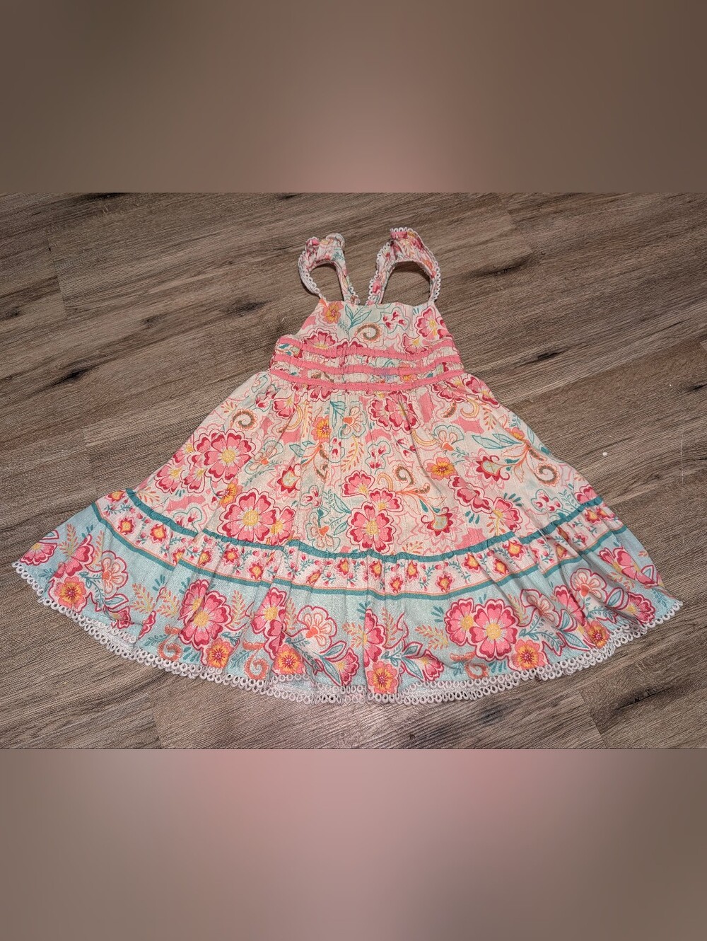 Shabby Chic Pink Seafoam Green Smocked Floral Sundress Lace Trim Girls 3T